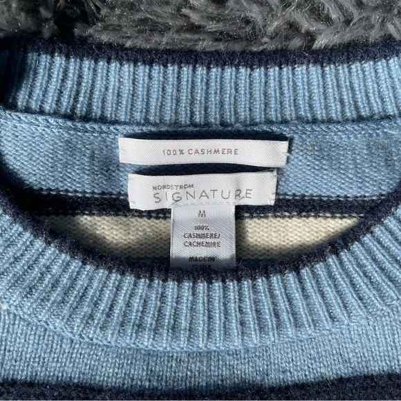 Nordstrom Signature Cashmere Sweater Blue & White with Ribbed Details - Picture 2 of 7